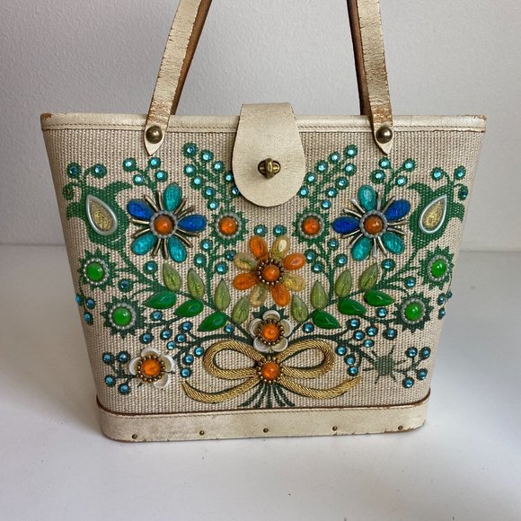 Vintage Handbags - Vtg 60s Enid Collins Jewel Bokay Floral Gems Colorful Canvas Bag Purse